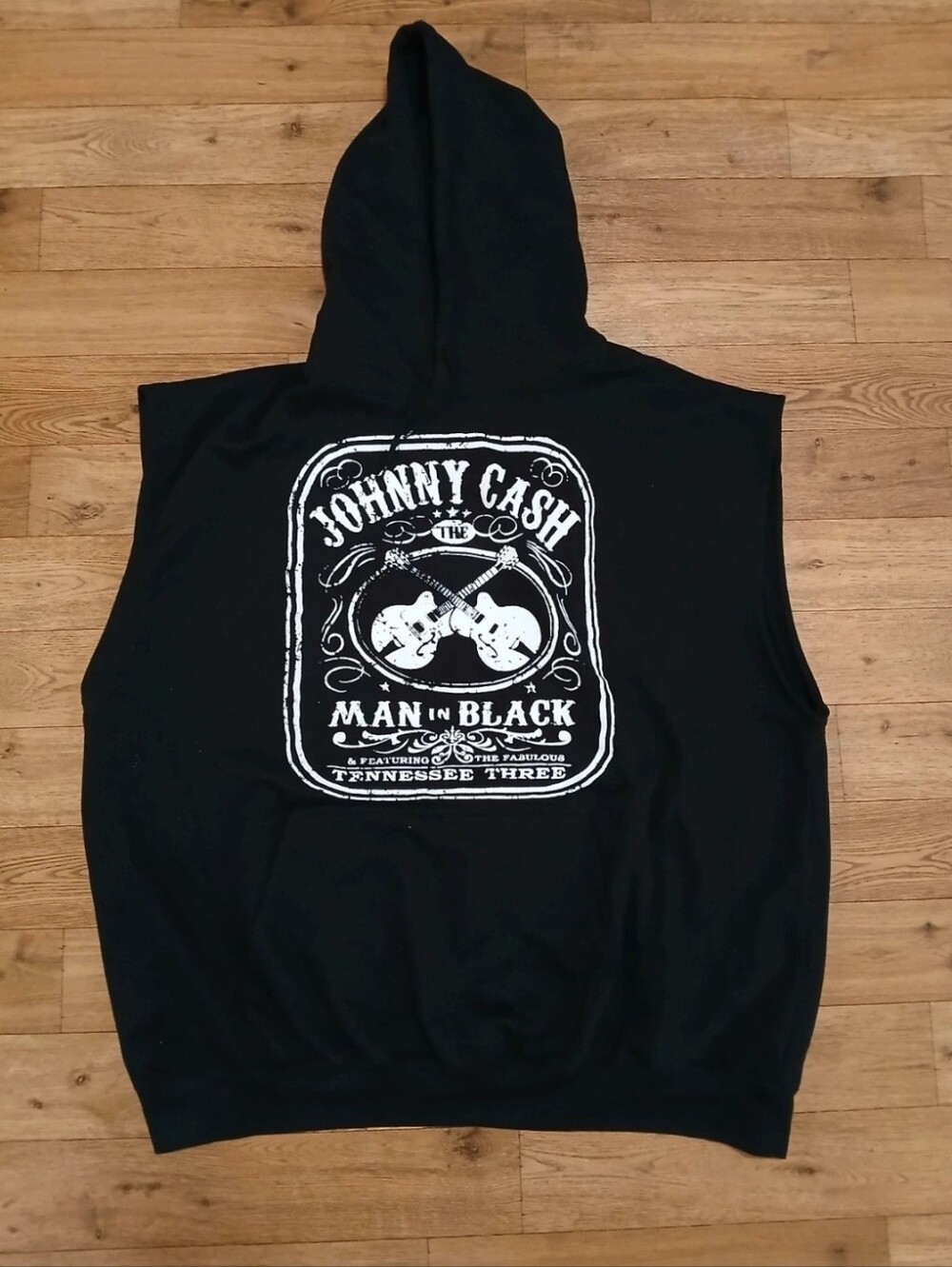 4/5xl Johnny Cash Black Kangaroo Pocket Sleeveless Hoodie - Man in Black Graphic